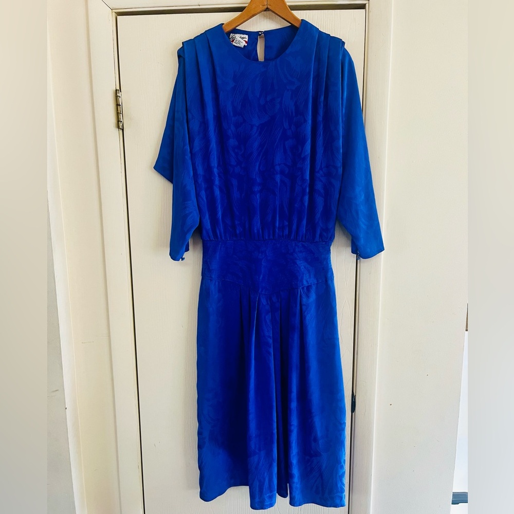 VTG Silky 20s Art Deco Drop Waist Flapper Dolman Damask Midi Dress M/L